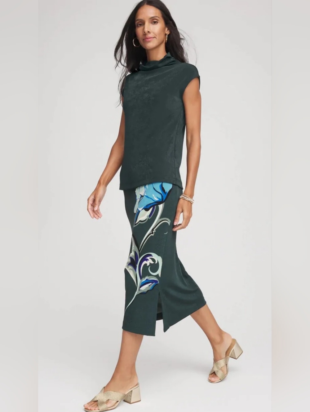 NWT Chico's Travelers Dark Green Floral Midi  Skirt Size 1 M